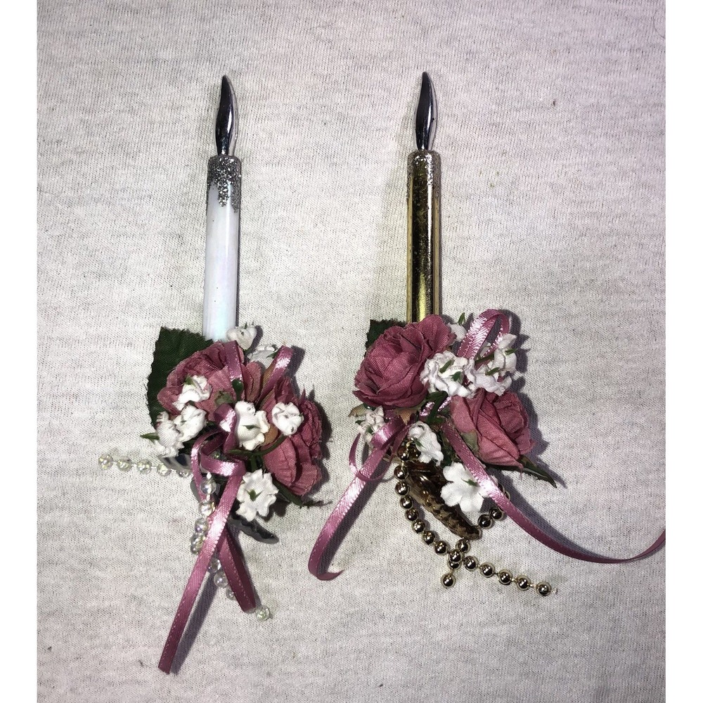 2 Glass Clip On Taper Candle Christmas Tree Ornaments Gold Silver Pink Flowers
